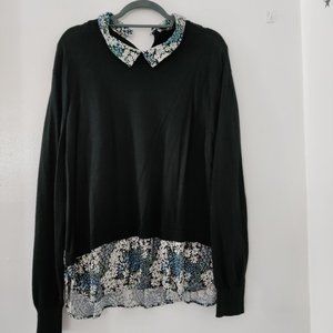 XXL Long sleeve navy blue blouse with flower trim